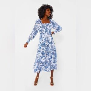 Blue Toile Long Sleeve Georgina Midi Dress